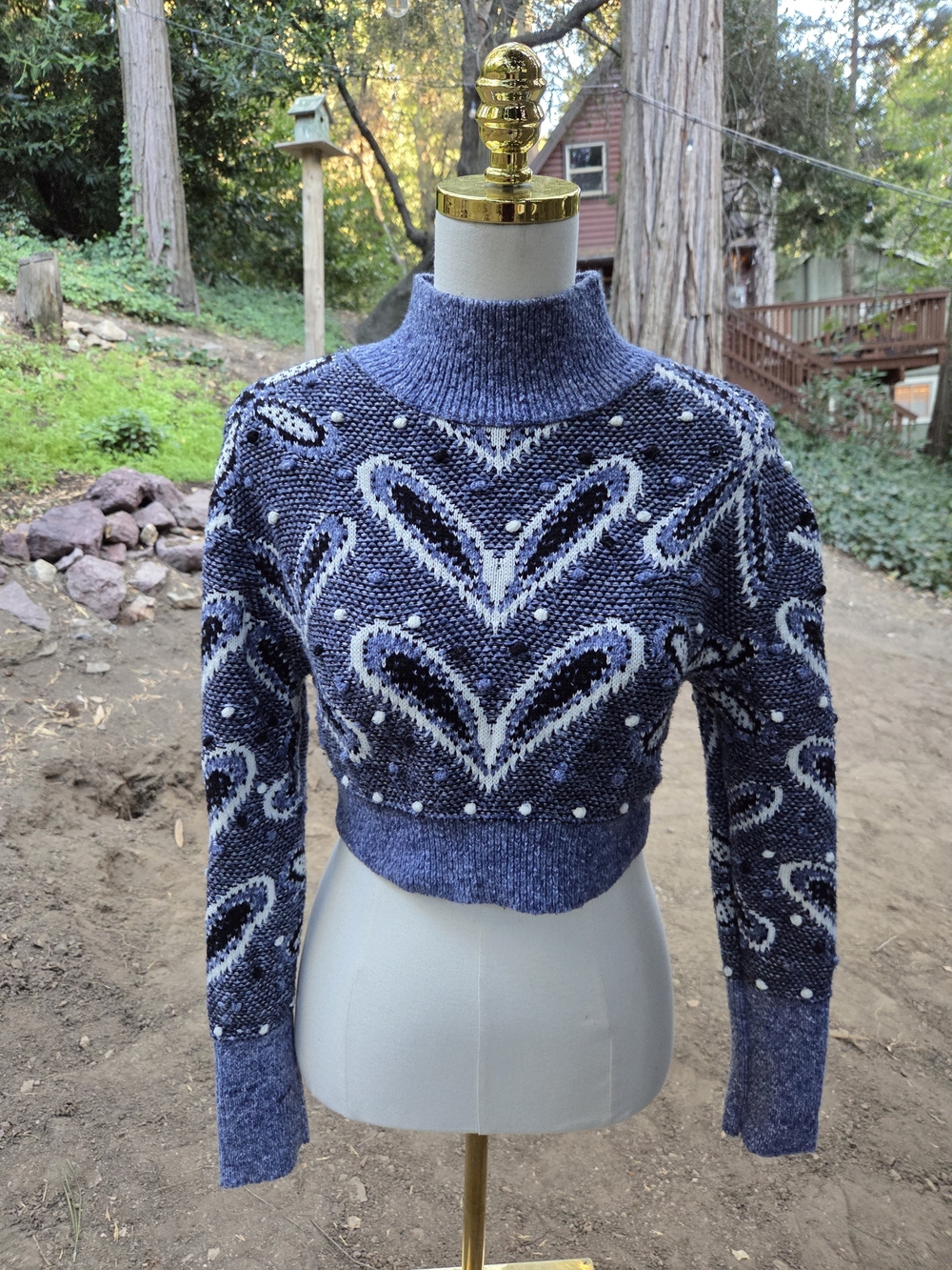 Zara Blue Heart Patterned Mock-Neck Cropped Sweater